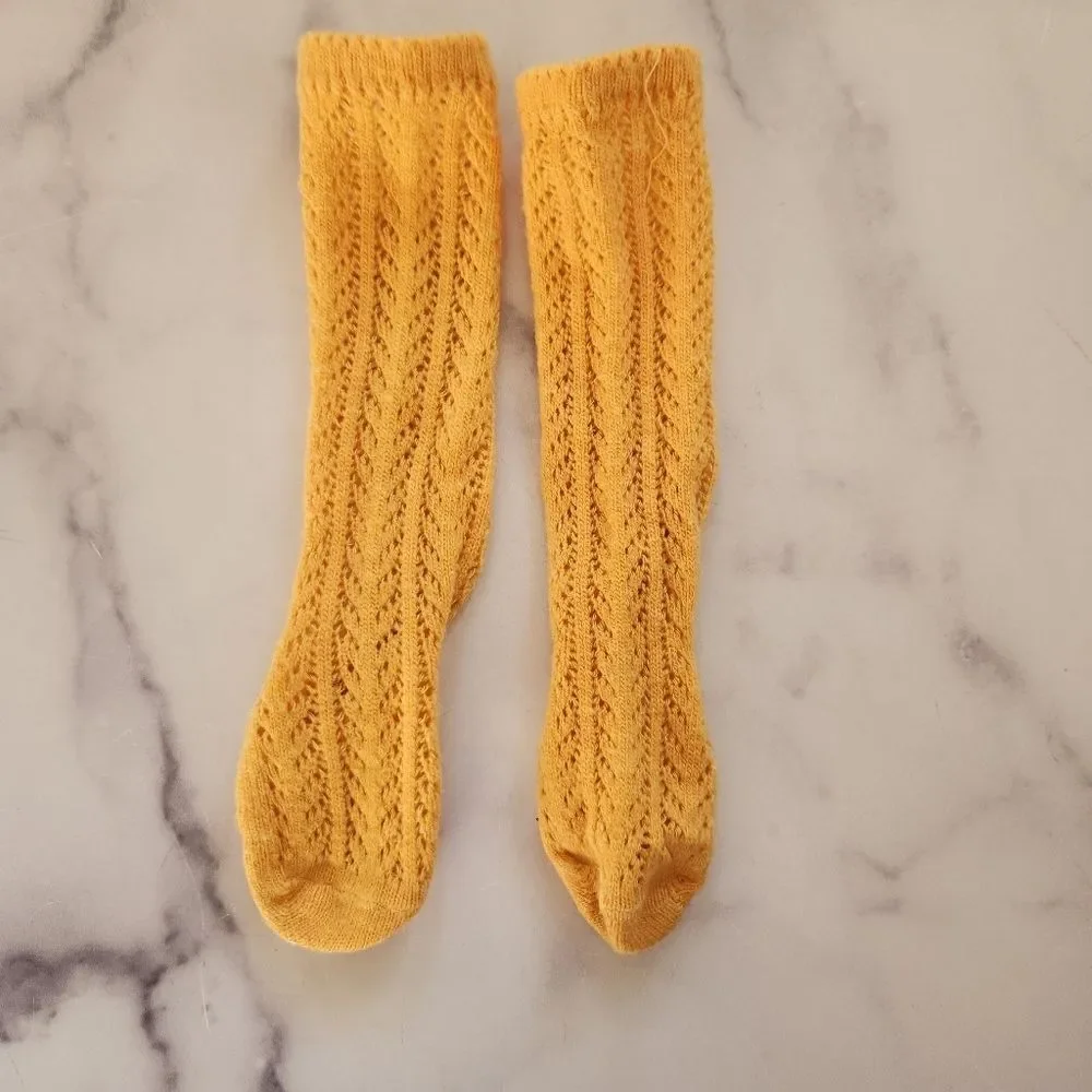 Girls 24 month 2t mustard yellow vintage knit socks French cottage core